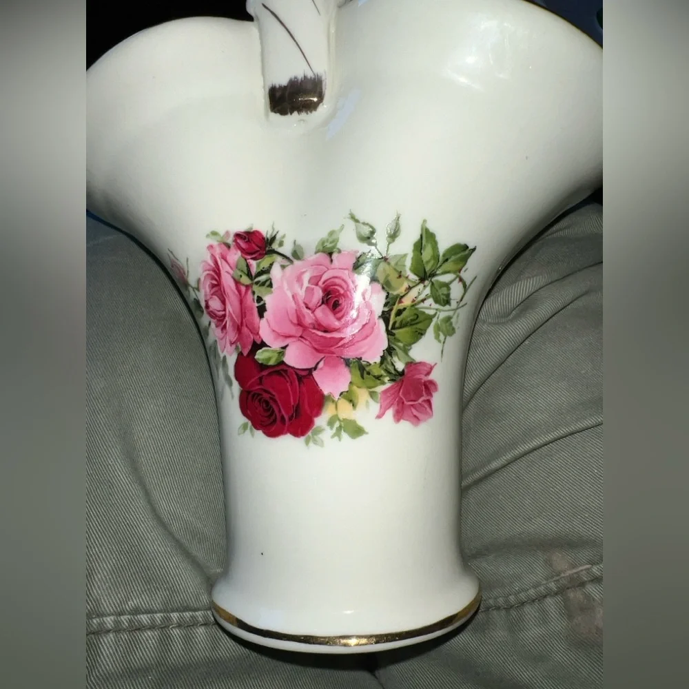 Formalities by Baum Bros Vintage Ceramic Floral Rose Basket Vase Trimmed in Gold